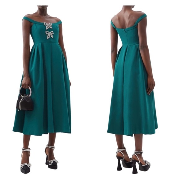 Self-Portrait Crystal-Embellished Bow-Tie Off The Shoulder Crepe Midi Dress 6 - Picture 2 of 8